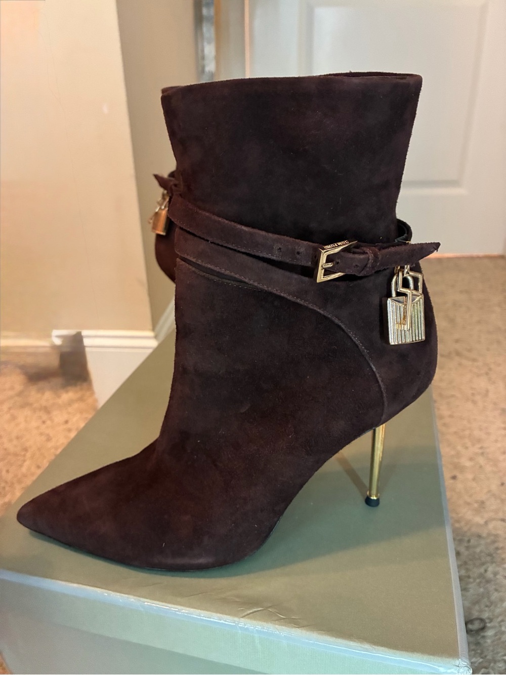 Tom Ford Dark Brown Suede Pointed Ankle Boot with Gold Stiletto Heel